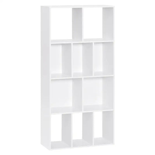 Een witte, minimalistische boekenkast met negen gelijke vakken, geschikt voor moderne woonruimtes. Ideaal voor het organiseren van boeken, decoraties of collectieobjecten in een stijlvolle, functionele opstelling.
