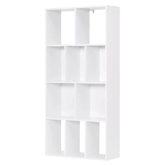 Een witte, vierkante boekenkast met negen vakken, geschikt voor moderne woonruimtes. Ideaal voor het organiseren van boeken, decoraties of collectie-items in een minimalistische stijl.