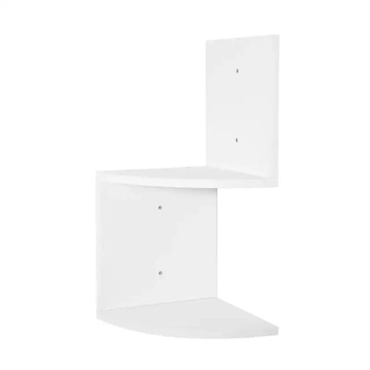 Een witte hoekplank van MDF met glad oppervlak en zichtbare montagegaten, geschikt voor wandmontage in keukens of woonruimtes. Ideaal voor compacte opbergruimte in hoeken.