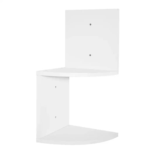 Een witte hoekplank van glad materiaal, geschikt voor wandmontage in kantoor of woonruimte. Zichtbare montagegaten en scherpe hoeken voor optimale ruimtebenutting.