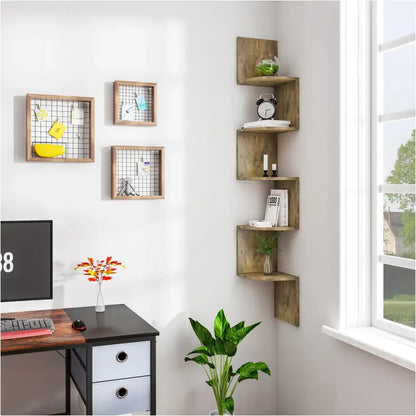 BukkitBow - Zigzag Hoekkast / Hoek Wandplank - Stevig Hout - 5 Niveau's - 25x25x156cm
