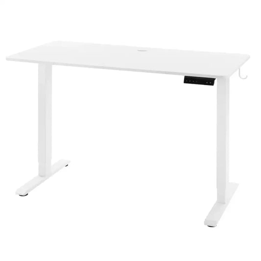 Een witte, elektrische werktafel met verstelbare hoogte, gladde bladoppervlakte en zwarte bedieningsknoppen. Ideaal voor thuiswerken en ergonomisch bureau-gebruik.