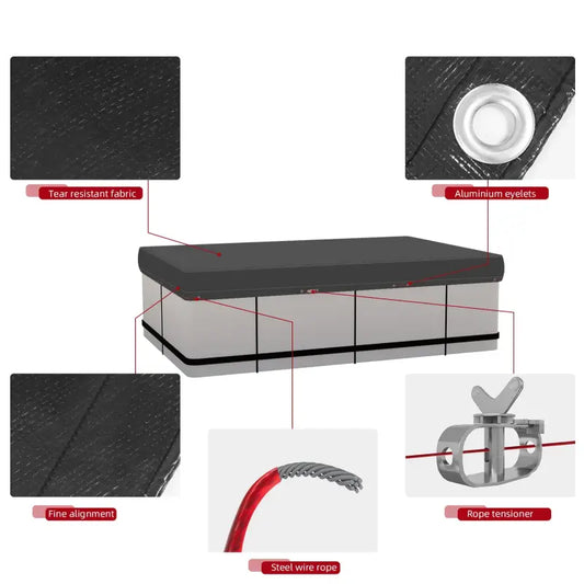 Zwart, gevouwen kunststof dekzeil met zichtbare metalen klamp en bundel rode draad, geschikt voor tenten en outdoor gebruik.