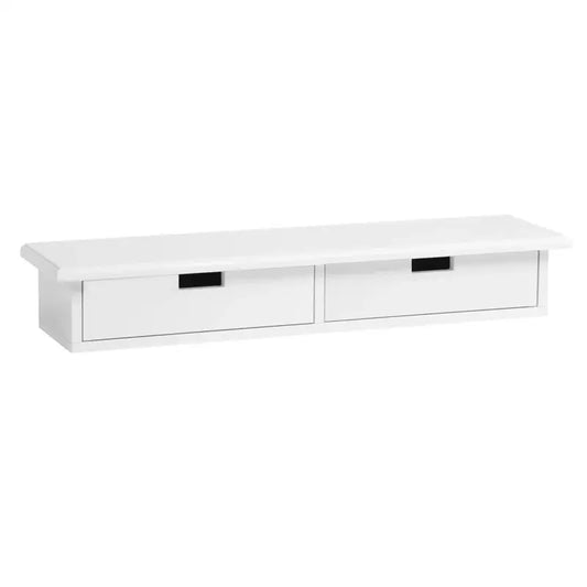 Een witte wandkast met opbergvakken, waarin een houten huismodel, een lichtblauwe koffer met bruine riemen en een groene succulent in een witte pot zijn geplaatst. Ideaal voor minimalistische kantoor- of woonruimteorganisatie.