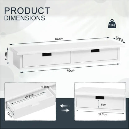 BukkitBow - Zwevende Wand / Boekenplank - Cd/Dvd Plank Met 2 Laden (65X10X15CM)