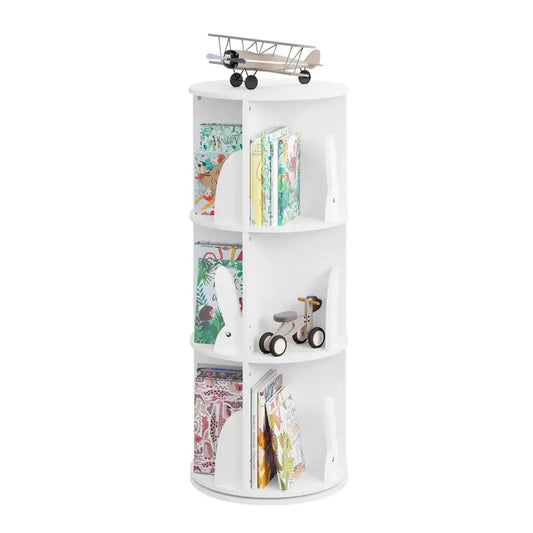 Een witte, ronde draaibare boekenkast voor kinderkamer, gevuld met kleurrijke kinderboeken en speelgoed zoals een vliegtuigje en een balansfiets. Ideaal voor speelruimte en kinderboekenorganisatie.