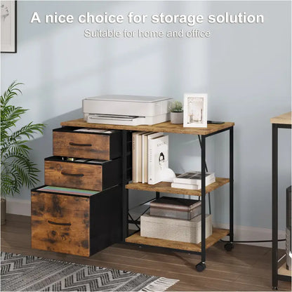 BukkitBow - Verrijdbaar Ladeblok - Houtmateriaal/Metaal - 80x66x40 cm - Met Stopcontacten en USB-poorten - Vintage Bruin