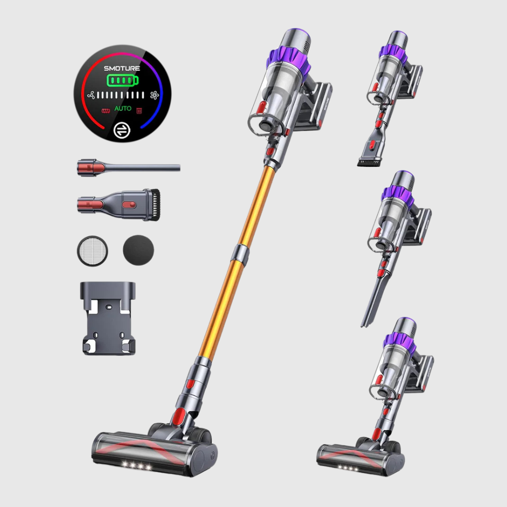 Een draadloze stofzuiger met goudkleurige steel en paarse dop, uitgerust met een moderne vloerborstel voor efficiënte huishoudelijke schoonmaak. Geschikt voor dagelijkse vloer- en tapijtverzorging.