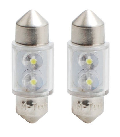 Zilverkleurige LED-koplampen met transparante behuizing en twee gele lichtbronnen, geschikt voor auto’s en motorfietsen. M-Teer merk, compacte vorm voor binnen- en buitenverlichting.