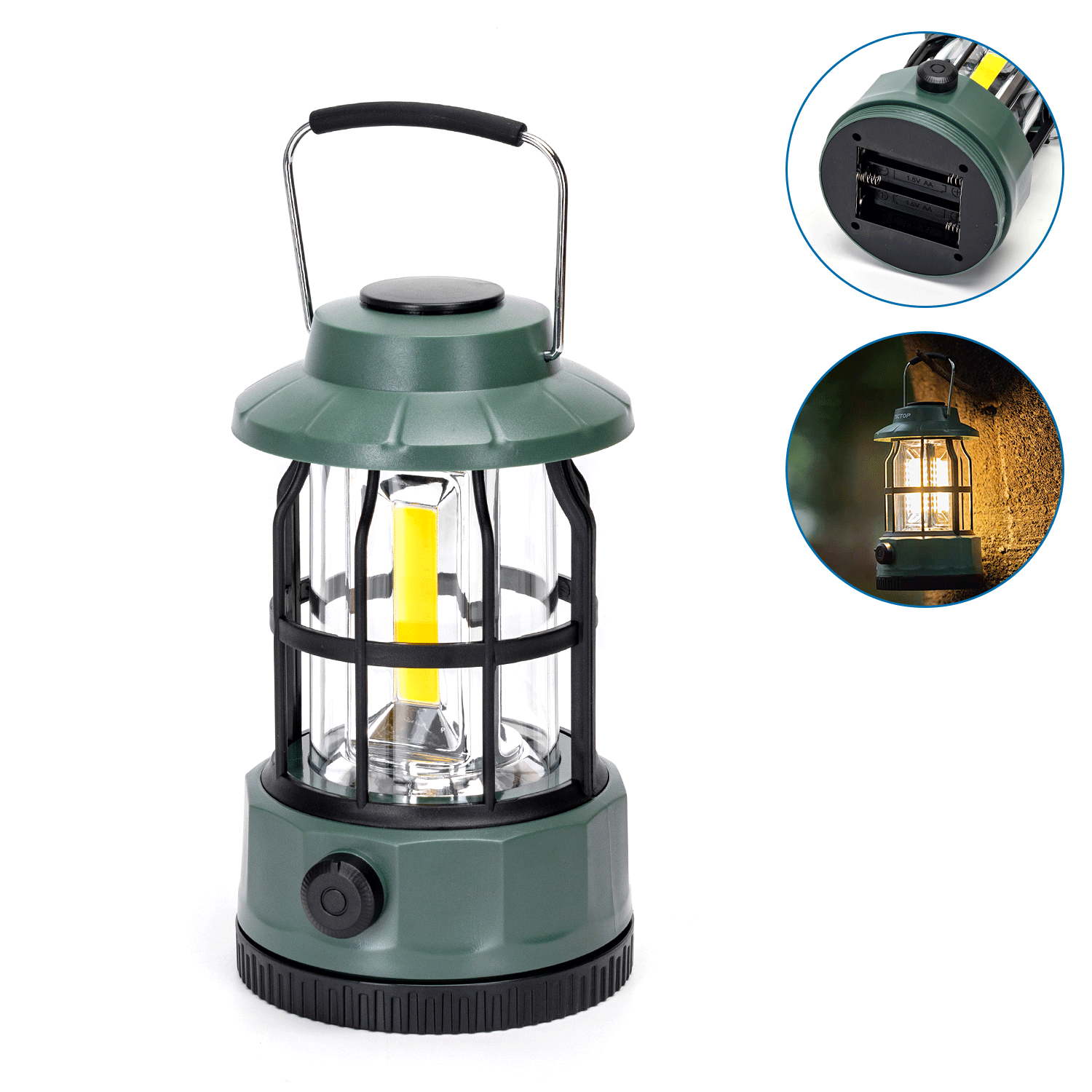 Groene, waterdichte kamplamp met zichtbare LED-verlichting en zwarte metalen kooi, geschikt voor avonturen en nachttochten. Inzoom: batterijcompartiment en lamp in gebruik bij schemer.