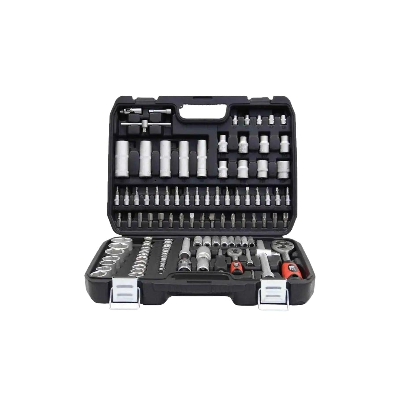 Zwart gereedschapskoffer met georganiseerde set van metalen schroevendraaiers, bouten en accessoires voor auto- en huishoudelijke reparaties. Perfect voor professionele en thuisgebruik.