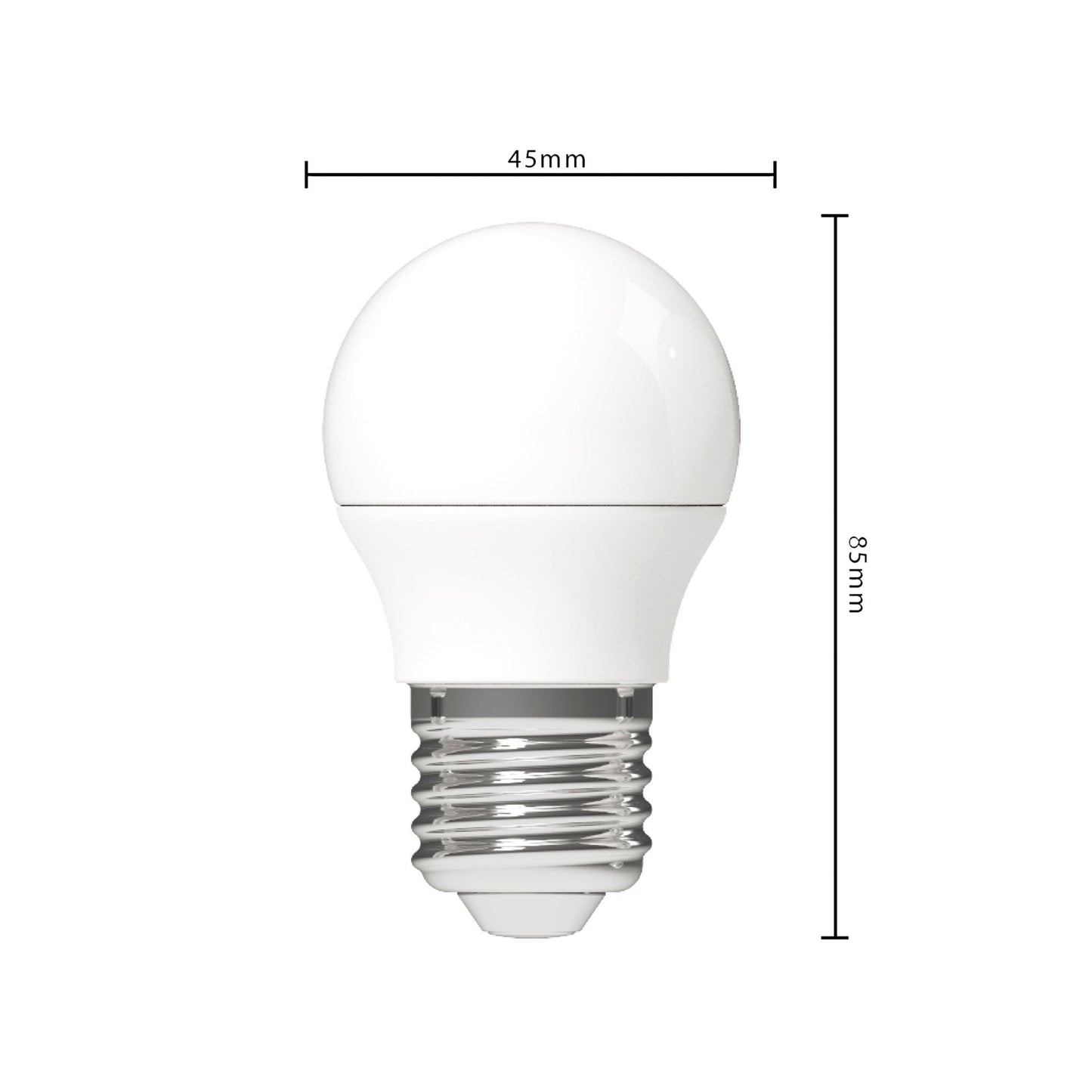 Een witte LED-lamp met E27-schroefdraad, glanzend glas en gladde kunststof kap. Geschikt voor energiezuinig verlichting in huishoudens en kantoren.