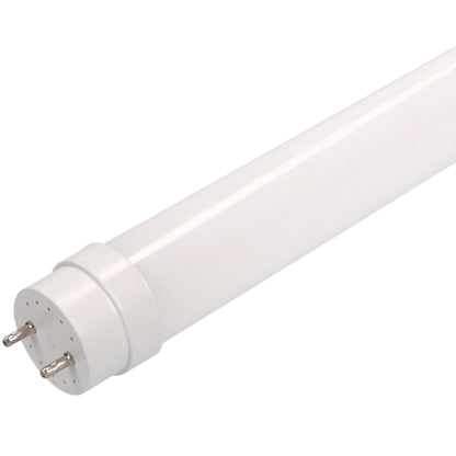 Een witte LED-tubulairlamp met glazen behuizing en metalen contactpunten aan de basis, geschikt voor verlichting in kantoren, winkels en huishoudens.