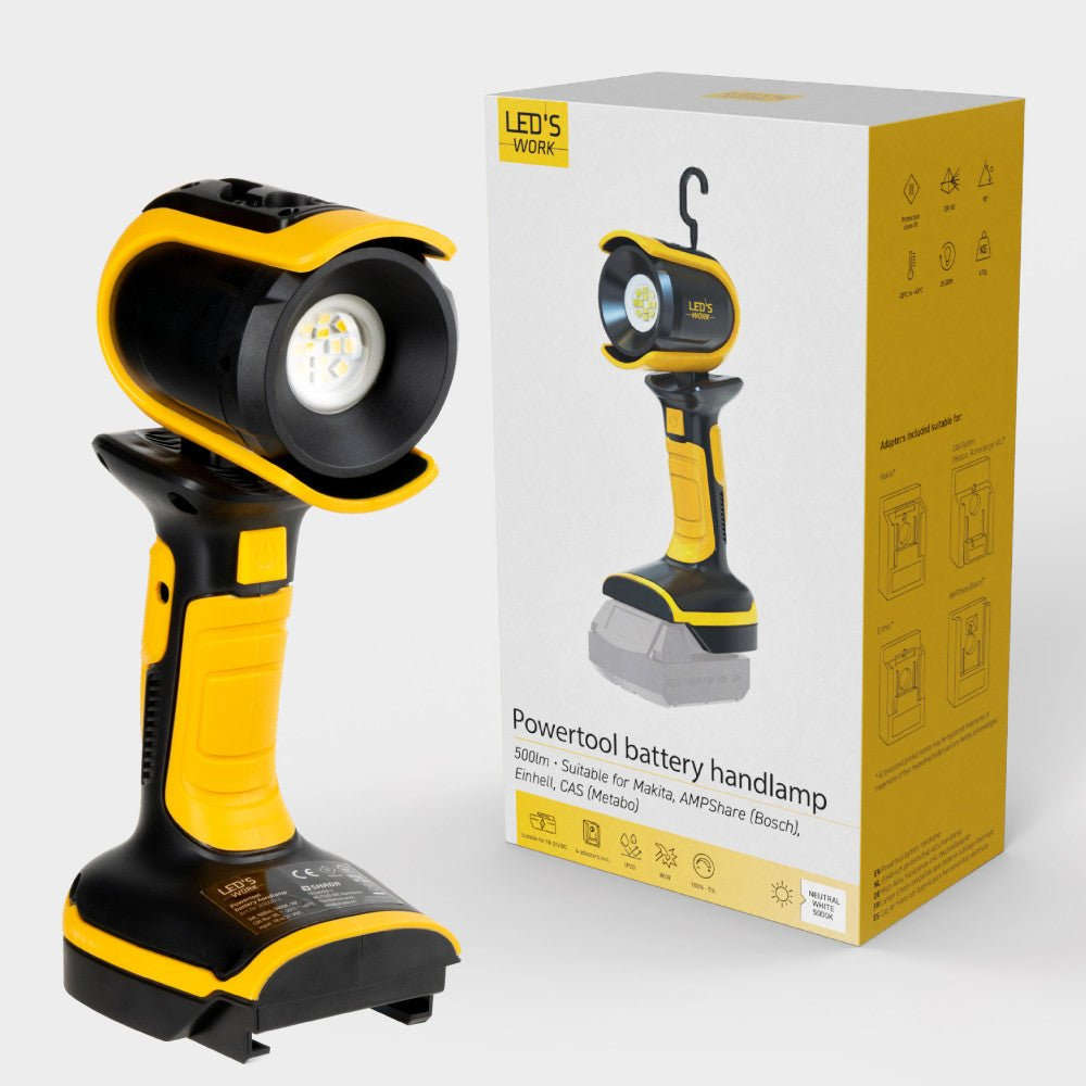 De LED’S WORK werklamp in geel-zwart, met handgreep en hanghaak, is voorzien van een batterij en geschikt voor gebruik in de garage of op de bouwplaats.