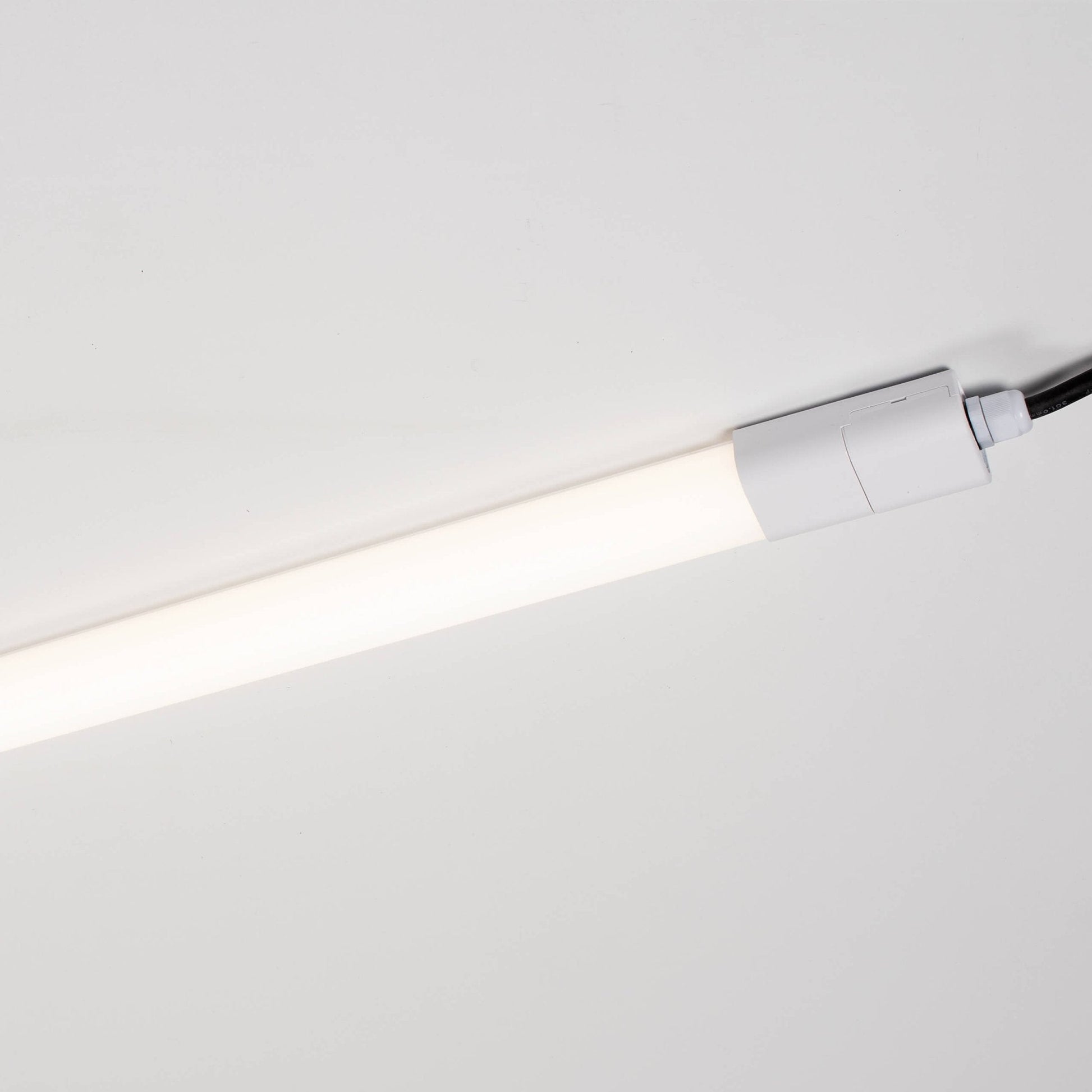 Wit kunststof LED-lampen met zichtbare aansluitingen, geschikt voor verlichting in kantoren en huishoudens. Transparante buis met witte kap, ideaal voor energiezuinige verlichting.