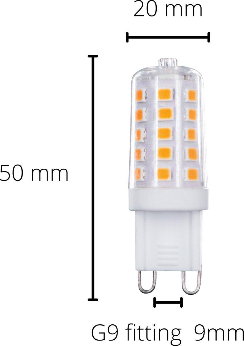 Een witte G9 LED-lamp met heldere, oranje LED-chips in een transparante kap, geschikt voor energiezuinige verlichting in kasten en wandlampen.