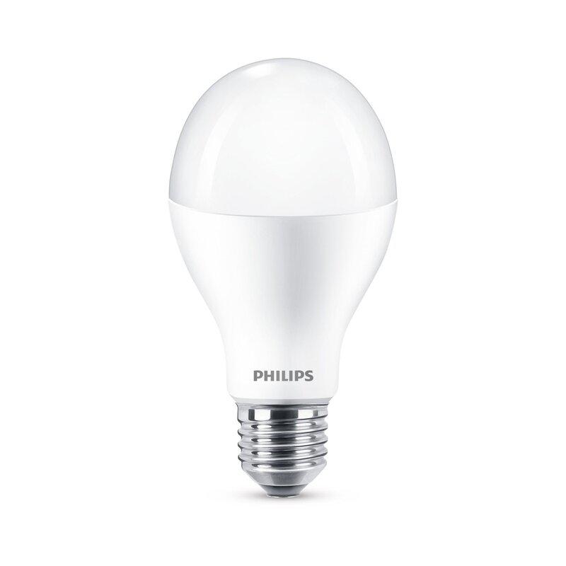 Philips LED-lamp met E27-schroefdraad, witte glazen kap en zichtbare merknaam. Geschikt voor energiezuinig verlichting in huishoudens en kantoren.