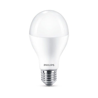 Philips LED-lamp met E27-schroefdraad, witte glazen kap en zichtbare merknaam. Geschikt voor energiezuinig verlichting in huishoudens en kantoren.
