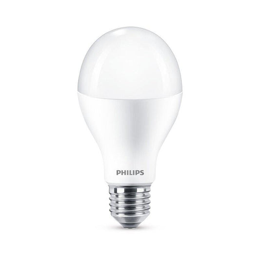 Philips LED-lamp met E27-schroefdraad, witte glazen kap en zichtbare merknaam. Geschikt voor energiezuinig verlichting in huishoudens en kantoren.