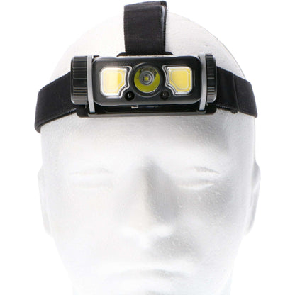Zwart hoofdlamp met drie LED-verlichtingsmodules en verstelbare band, geïnstalleerd op een mannequin. Geschikt voor avonturen, klimmen en nachtwerk – robuust en lichtkrachtig.