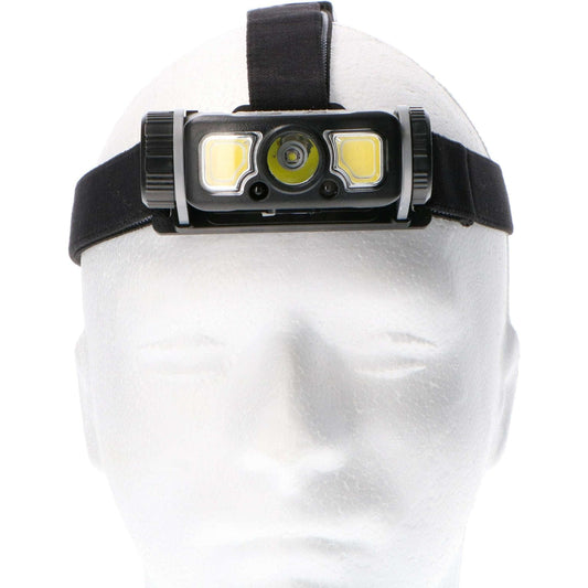 Zwart hoofdlamp met drie LED-verlichtingsmodules en verstelbare band, geïnstalleerd op een mannequin. Geschikt voor avonturen, klimmen en nachtwerk – robuust en lichtkrachtig.