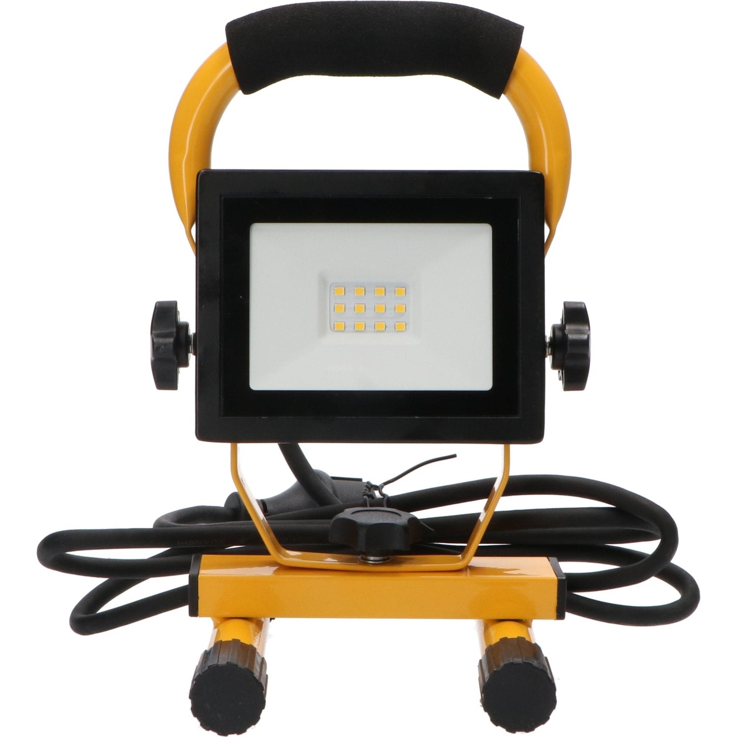Een gele, opvouwbare LED-werklicht met zwart handvat en voetstuk, uitgerust met een stekker en verstelbare arm voor gebruik op bouwplaatsen of in de garage.