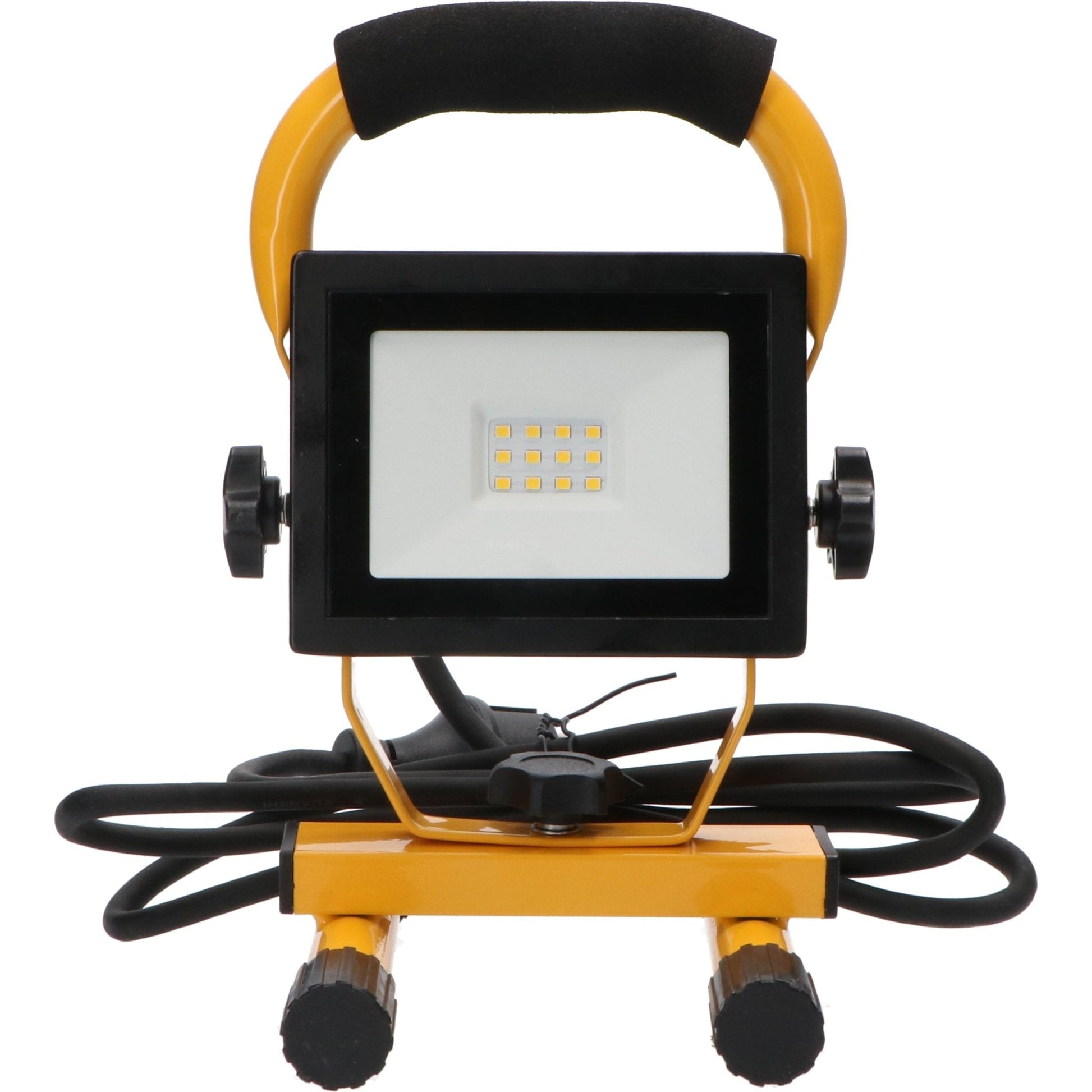 Een gele, opvouwbare LED-werklicht met zwart handvat en voetstuk, uitgerust met een stekker en verstelbare arm voor gebruik op bouwplaatsen of in de garage.
