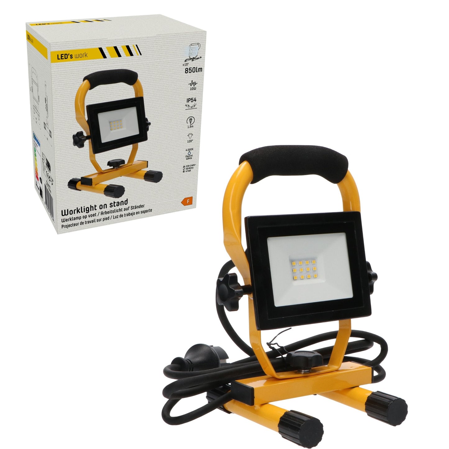 Een gele LED werklamp met zwart handvat en verstelbare arm, uitgerust met een stekker en rubberen voeten voor stabiliteit. Ideaal voor reparaties, bouwwerkzaamheden of andere werkplekken waar helder licht nodig is.