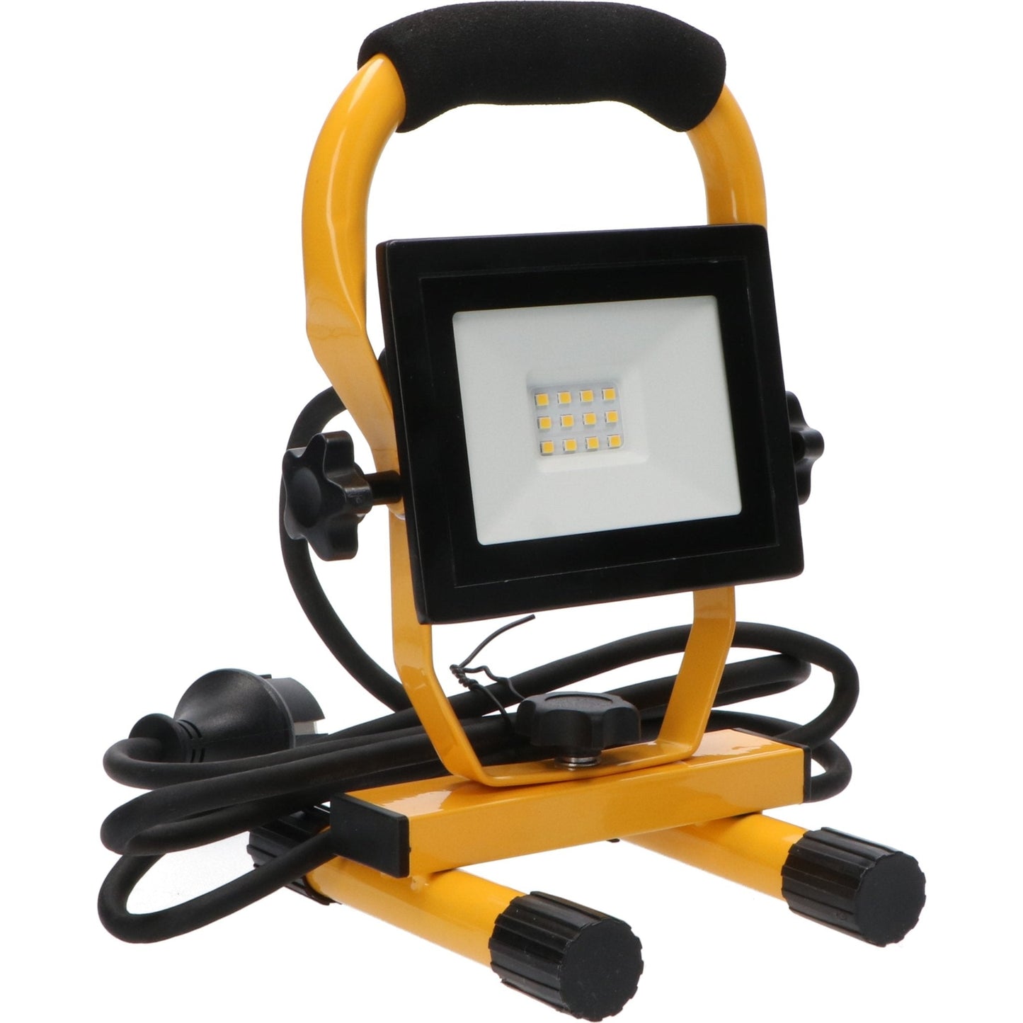 Een gele, opvouwbare LED-werklicht met zwart handvat en voetstuk, uitgerust met een stekker en verstelbare arm. Ideaal voor gebruik op bouwplaatsen of in garage.