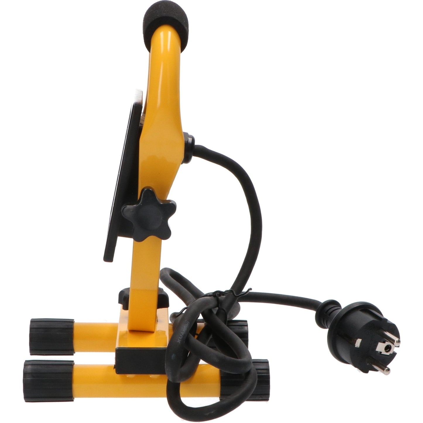 Een gele, opvouwbare LED-werklicht met zwart handvat en voetstuk, uitgerust met een stekker en verstelbare arm voor gebruik op bouwplaatsen of in garage.
