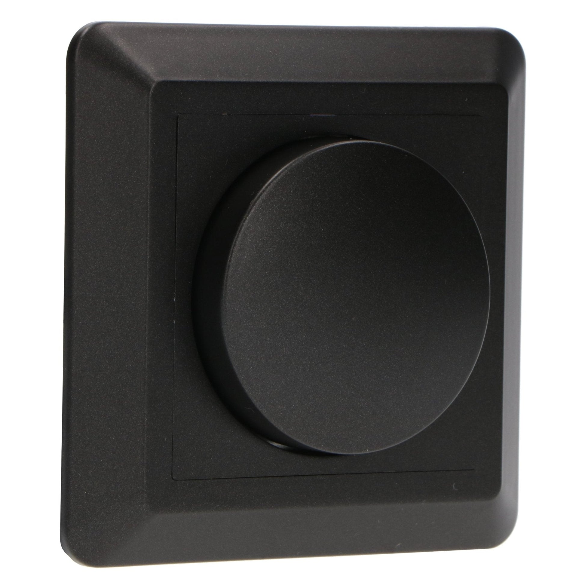 Zwart, vierkant wandpaneel met centraal geplaatste ronde knop, geschikt voor moderne interieurs. Geschikt voor wandmontage en als bedieningspaneel in kantoor- of woonruimtes.