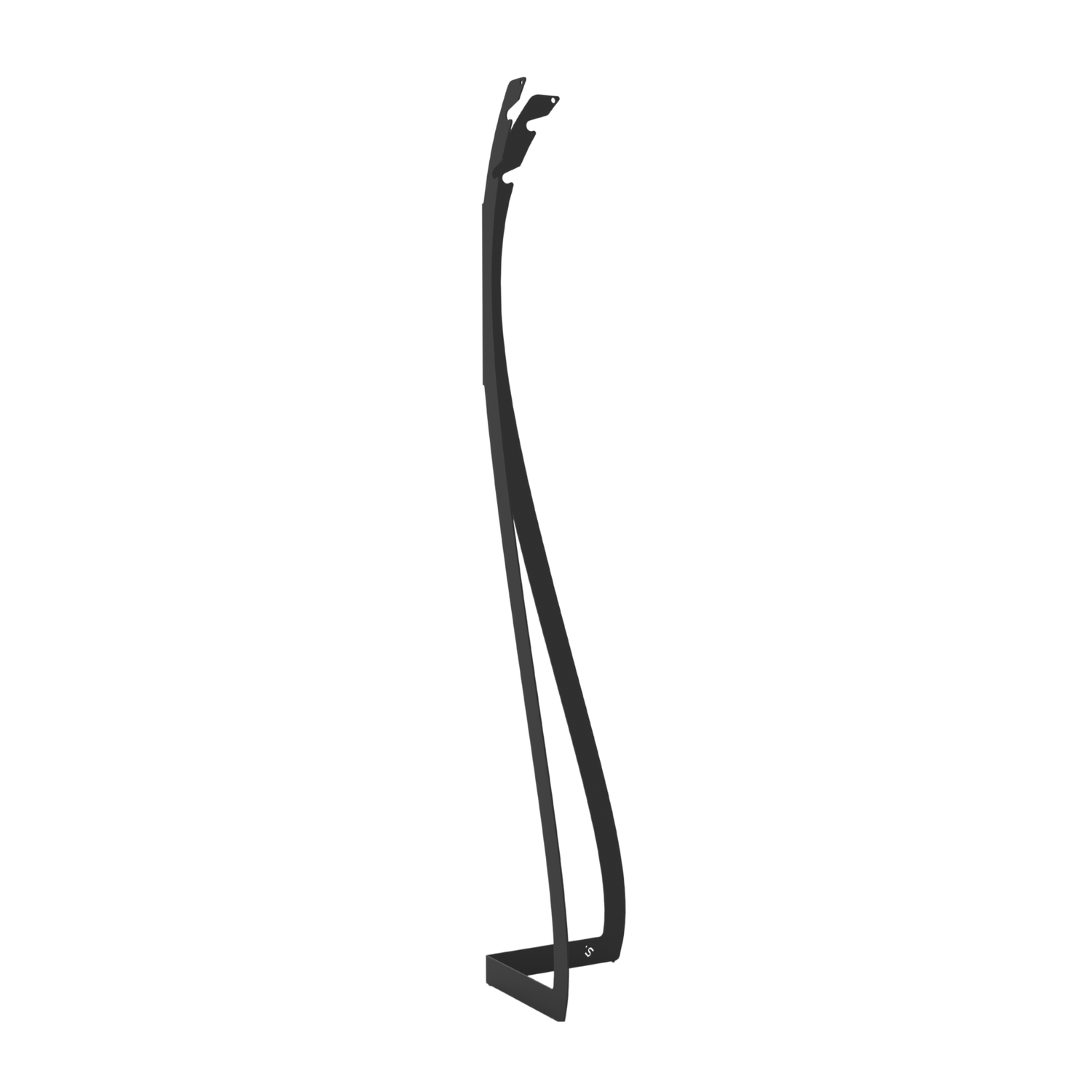 Zwarte metalen kledinghanger met elegante, gebogen vorm en stevige basis, geschikt voor moderne kledingopbergingsystemen. Perfect voor minimalistische interieurs en kledingopbergruimte.