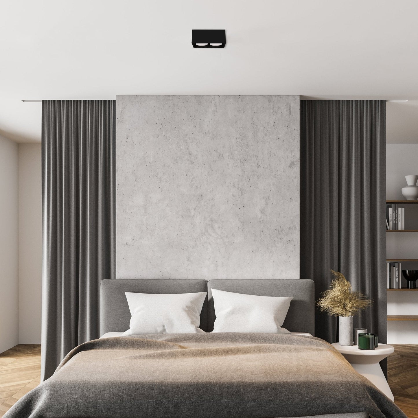 Zwart, rechthoekig LED-plafondlampenpaneel met twee GX53 lampen, geplaatst naast de verpakking. Geschikt voor moderne interieurs en als energiezuinige verlichting in keukens of woonkamers.