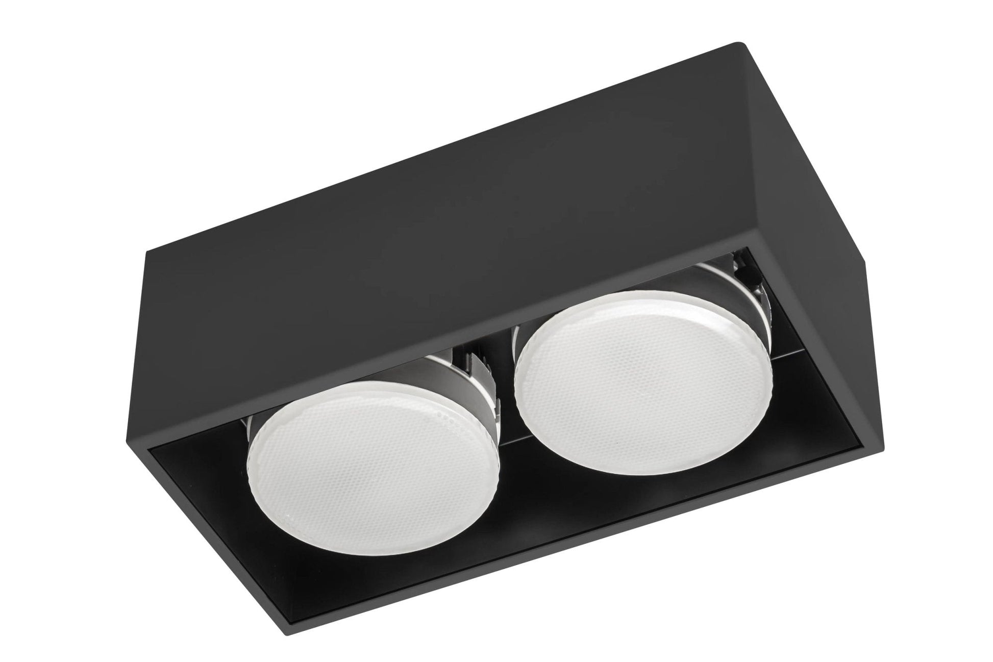 Zwart, rechthoekig LED-plafondlampenpaneel met twee GX53 lampen, geïntegreerd in een minimalistisch ontwerp. Ideaal voor moderne woon- en werkomgevingen met een stijlvolle verlichting.