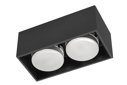 Zwart, rechthoekig LED-plafondlampenpaneel met twee GX53 lampen, geïntegreerd in een minimalistisch ontwerp. Ideaal voor moderne woon- en werkomgevingen met een stijlvolle verlichting.