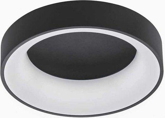 Een moderne, zwarte plafondlamp met witte verlichtingsring, geschikt voor minimalistische interieurs. Ideaal voor woonkamer of slaapkamer met stijlvolle, energiezuinige verlichting.