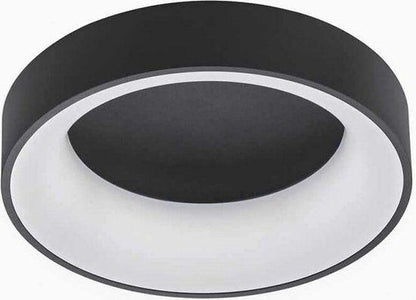 Een moderne, zwarte plafondlamp met witte verlichtingsring, geschikt voor minimalistische interieurs. Ideaal voor woonkamer of slaapkamer met stijlvolle, energiezuinige verlichting.