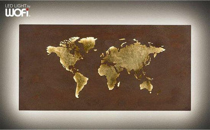Design LED Wereldkaart wanddecoratie met verlichting - 60 x 30 cm - Bruin goud metaal
