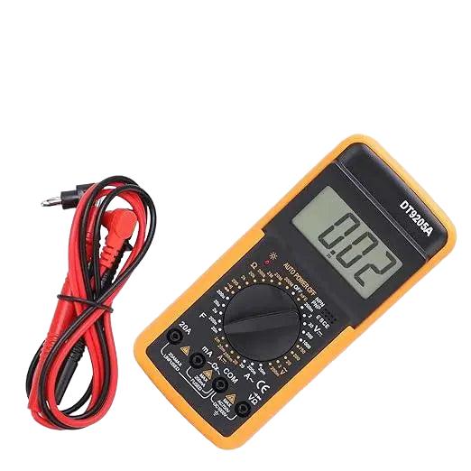 Oranje digitale multimeter DT9205A met zwart display en draaiknop, voor elektrische metingen. Gebruik voor thuis- en professionele toepassingen, inclusief spanning, stroom en weerstand.