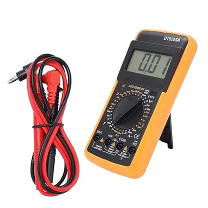 Oranje digitale multimeter met zwart display en draaiknop, voorkeurskleur oranje, geschikt voor elektrische reparaties en technische metingen in het huishouden of bij werkplaats.