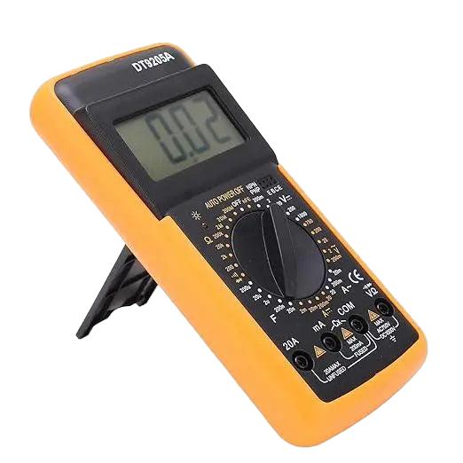 Oranje digitale multimeter DT9205A met zwarte display en draaiknop, voor elektrische metingen. Gebruik voor thuis- en professionele toepassingen, inclusief spanning, stroom en weerstand.