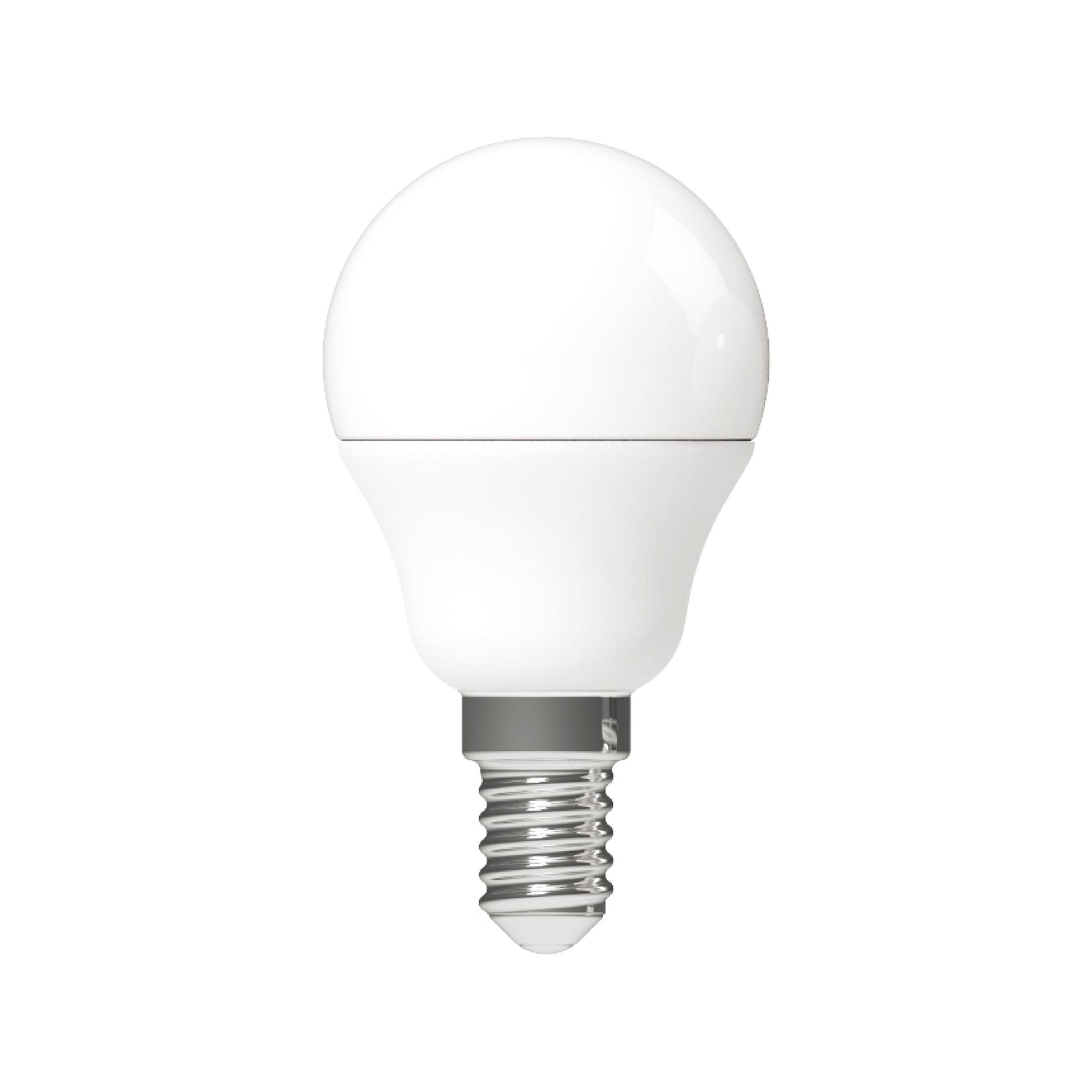 Een witte LED-lamp met E14-schroefdraad, glanzend en compact, geschikt voor moderne verlichting in huishoudens en kantoren. Ideaal voor energiezuinige, warme lichtsfeer in woon- en werkomgevingen.
