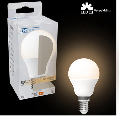 Een witte LED-lamp met E14-schroefdraad, glanzend op de bovenkant en mat op de onderkant, geschikt voor energiezuinig verlichting in huishoudelijke en commerciële ruimtes.