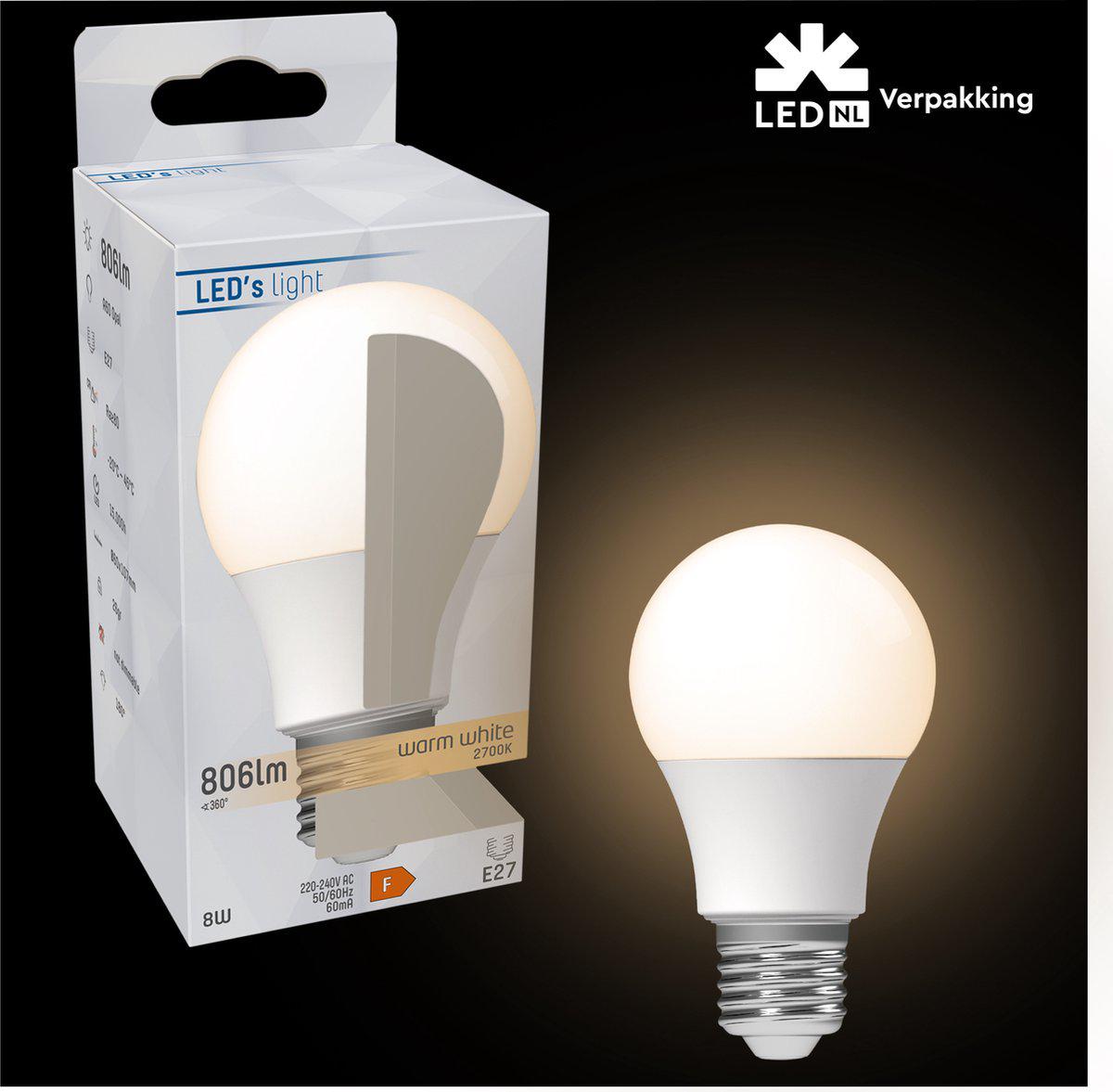 Een witte LED-lamp met klassieke bolvorm en zichtbare E27-schroefdraad, geschikt voor energiezuinig verlichting in huishoudens en kantoren.
