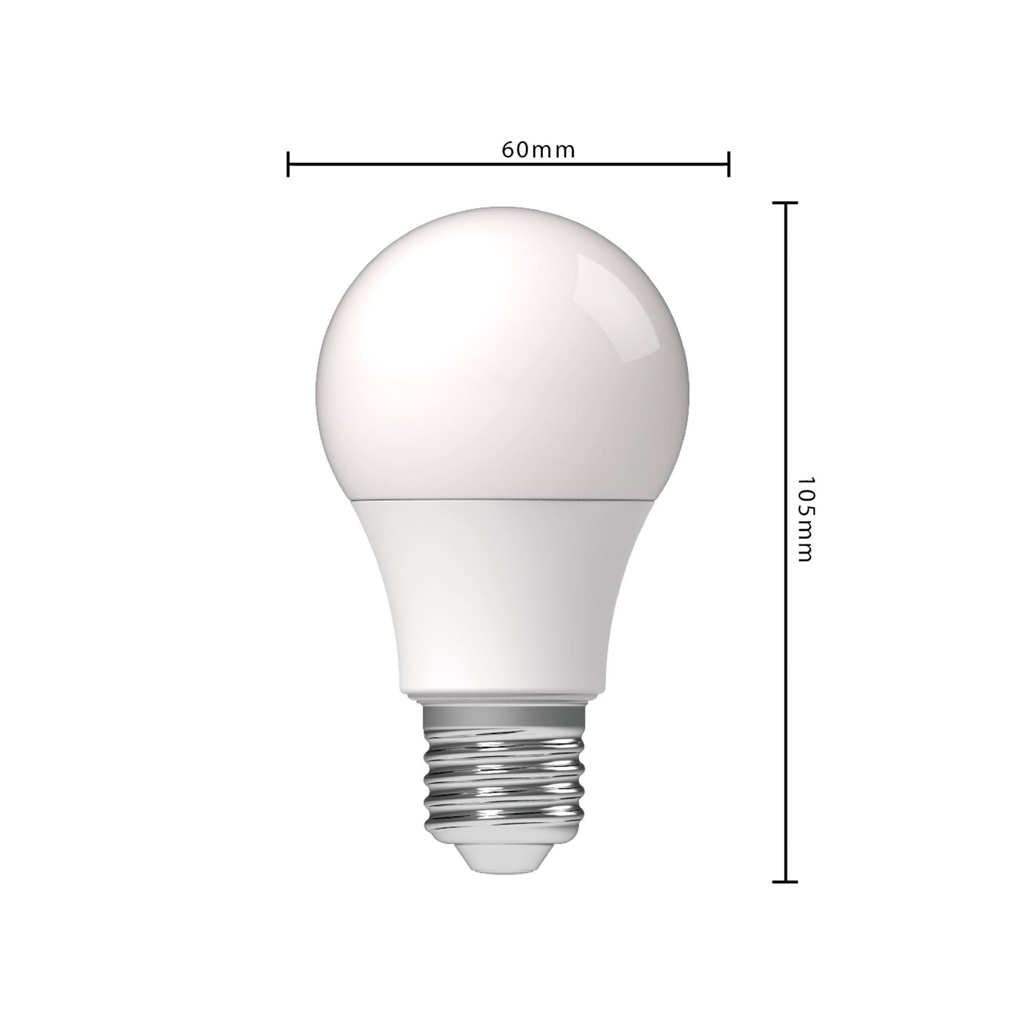 Een witte LED-lamp met klassieke bolvorm en zichtbare E27-schroefdraad, geschikt voor energiezuinig verlichting in huishoudens en kantoren.