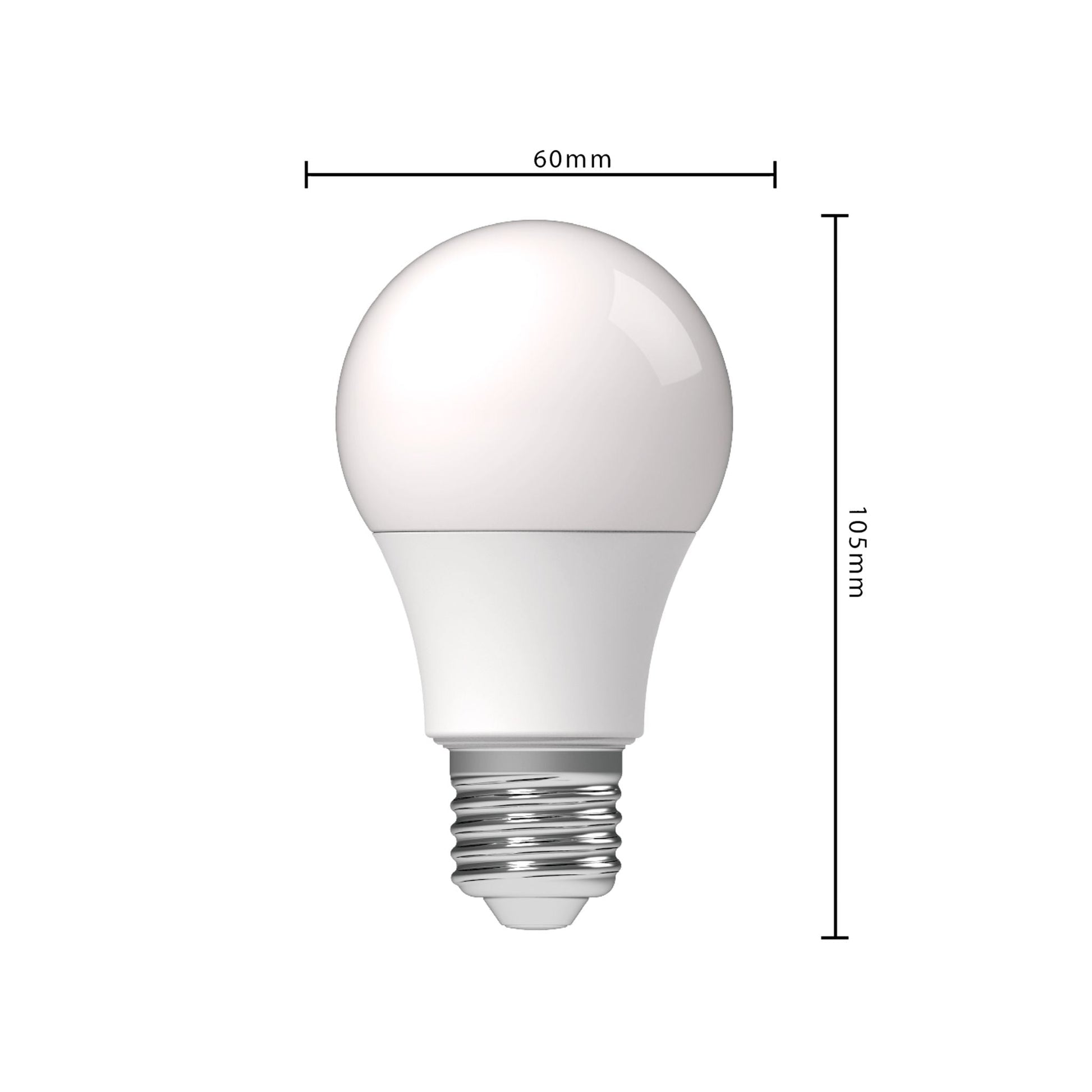 Een witte LED-lamp met klassieke bolvorm en zichtbare E27-schroefdraad, geschikt voor energiezuinig verlichting in huishoudens en kantoren.