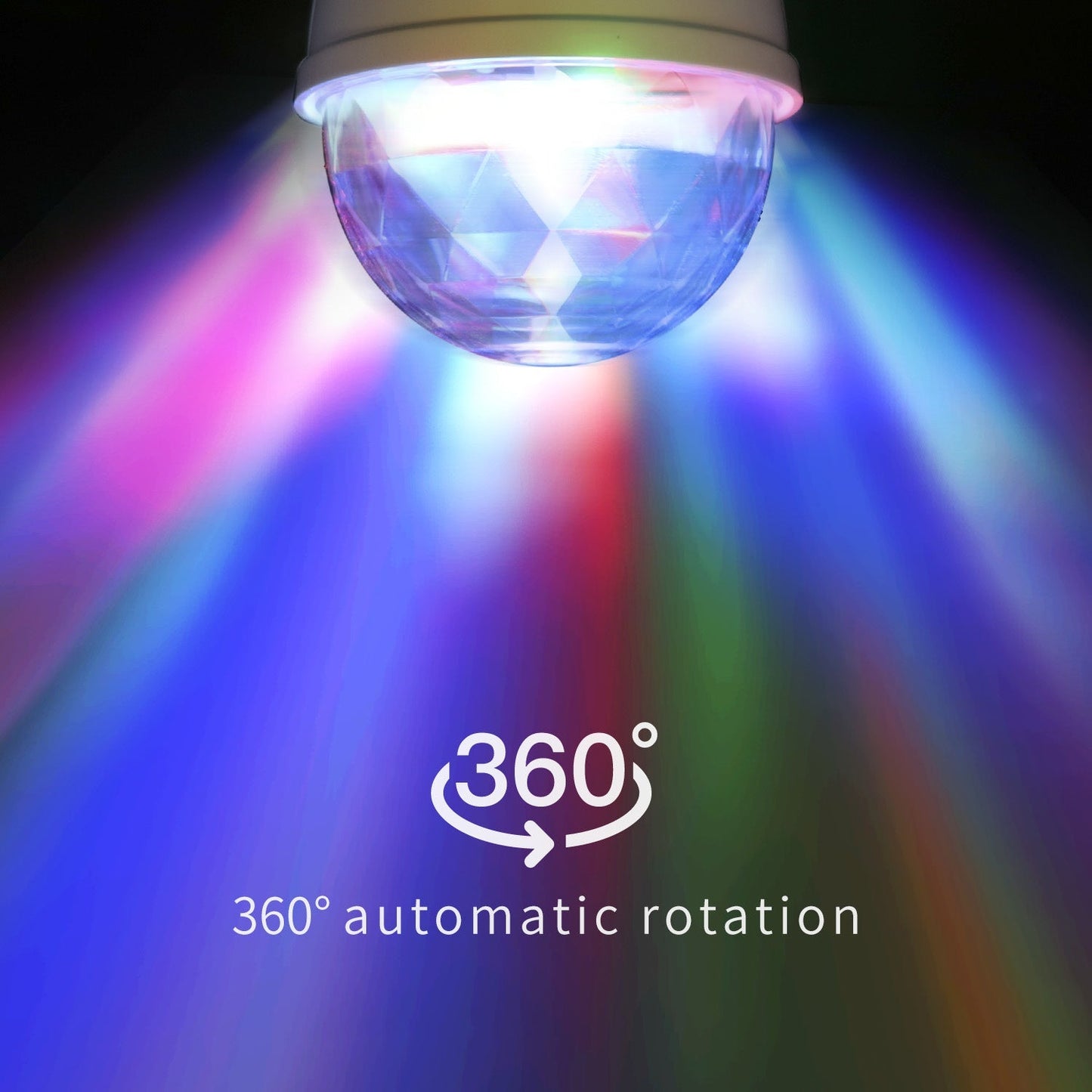 E27 RGB LED-verlichting met glanzende, facettenrijke bol die prachtige paarse en blauwe kleuren werpt, ideaal voor feestelijke sfeer en dansavonden. Witte basis met zichtbare technische specificaties en zilverkleurige schroefdraad.