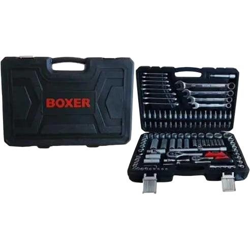 Zilverkleurige Boxer-werkzeugset met 100 stukken, inclusief sleutels, bitjes en een rode handgreep, georganiseerd in een zwarte hardcase voor auto- en huishoudelijke reparaties.