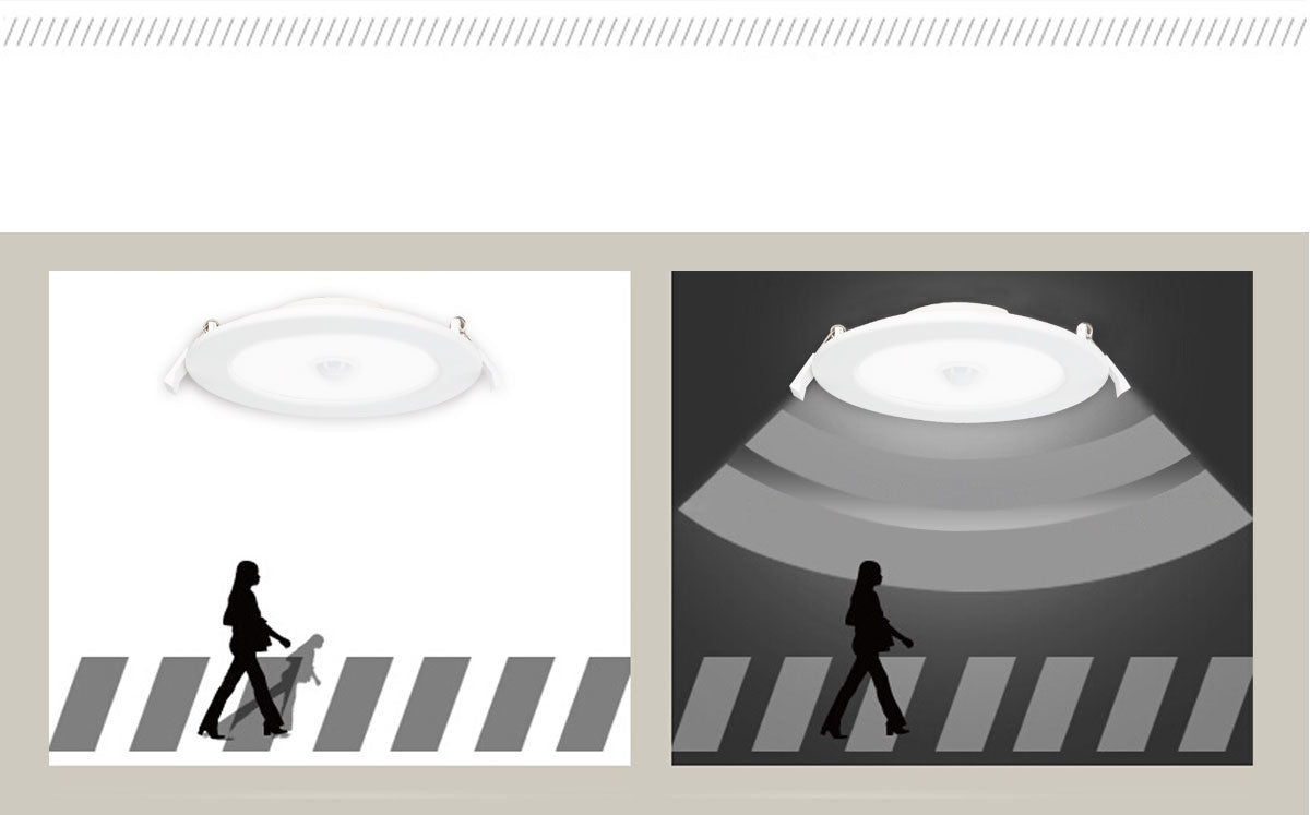 Een witte, ronde LED-plafondlamp met ingebouwde bewegingssensor, geschikt voor automatische verlichting in gangen en kantoren. Geïntegreerd met een zichtbare aansluiting voor eenvoudige installatie.