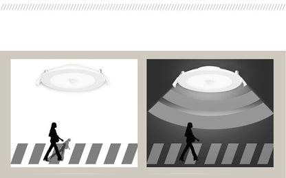 Een witte, ronde LED-plafondlamp met ingebouwde bewegingssensor, geschikt voor automatische verlichting in gangen en kantoren. Geïntegreerd met een zichtbare aansluiting voor eenvoudige installatie.